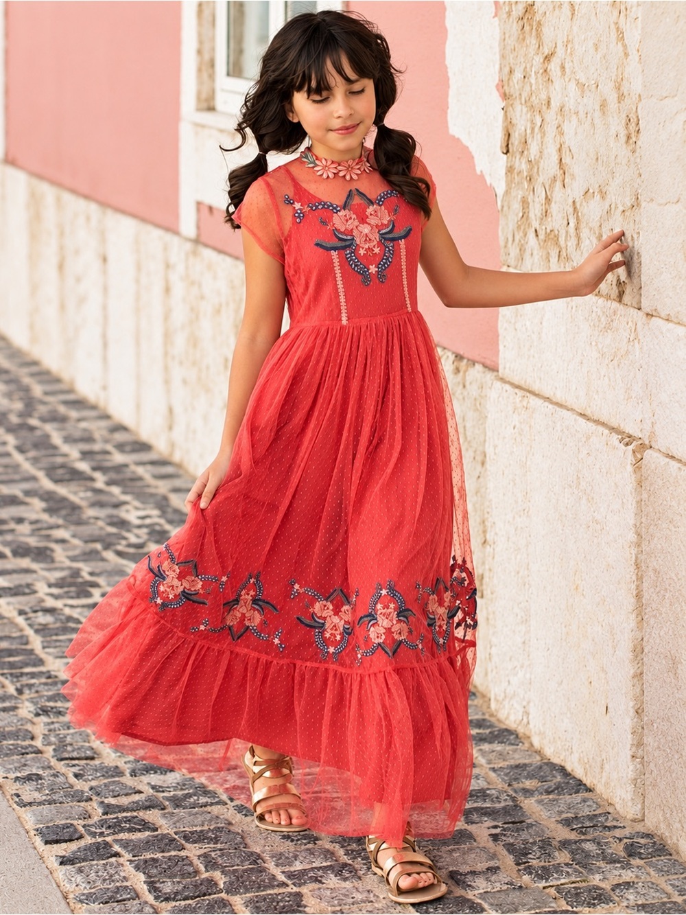 Joyfolie Jolie Maxi Dress in Burnt Coral – Girls’ Floral Embroidered Tulle Dress